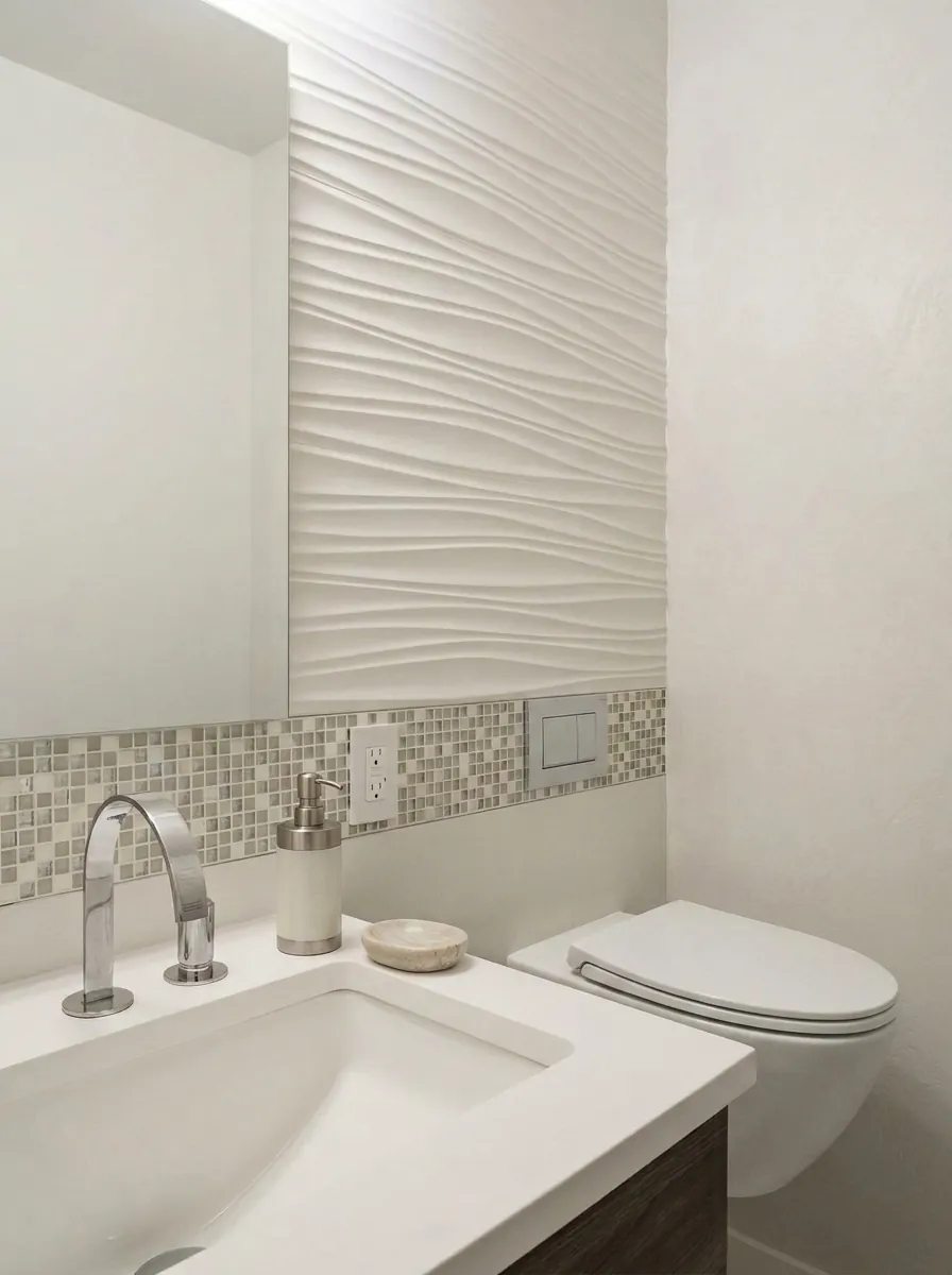 An NYC powder room with a sculptural 3D feature wall and a floating wood vanity