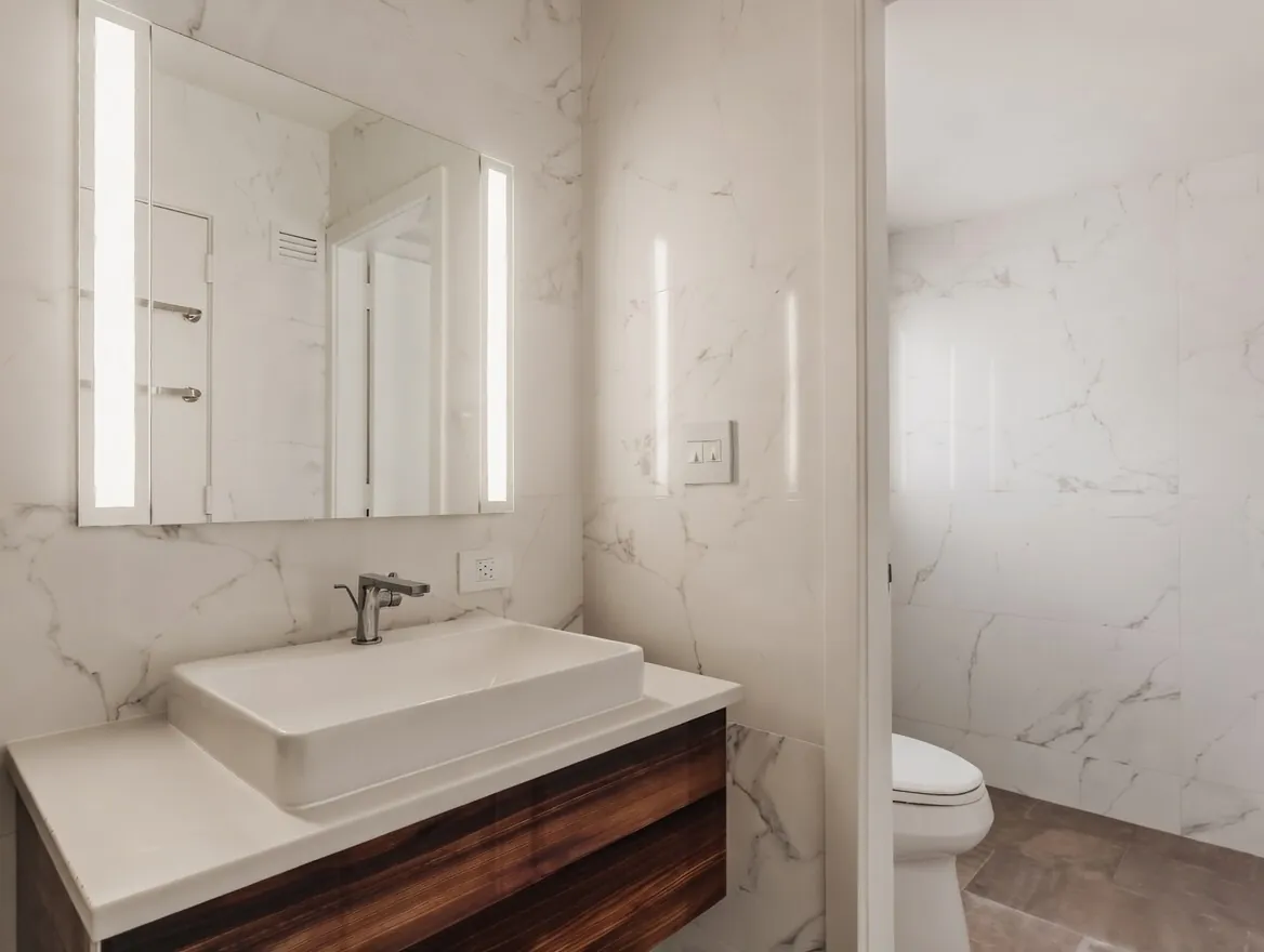 A walk-in shower with a textured stone-tile wall, frameless glass, and a walnut floating vanity