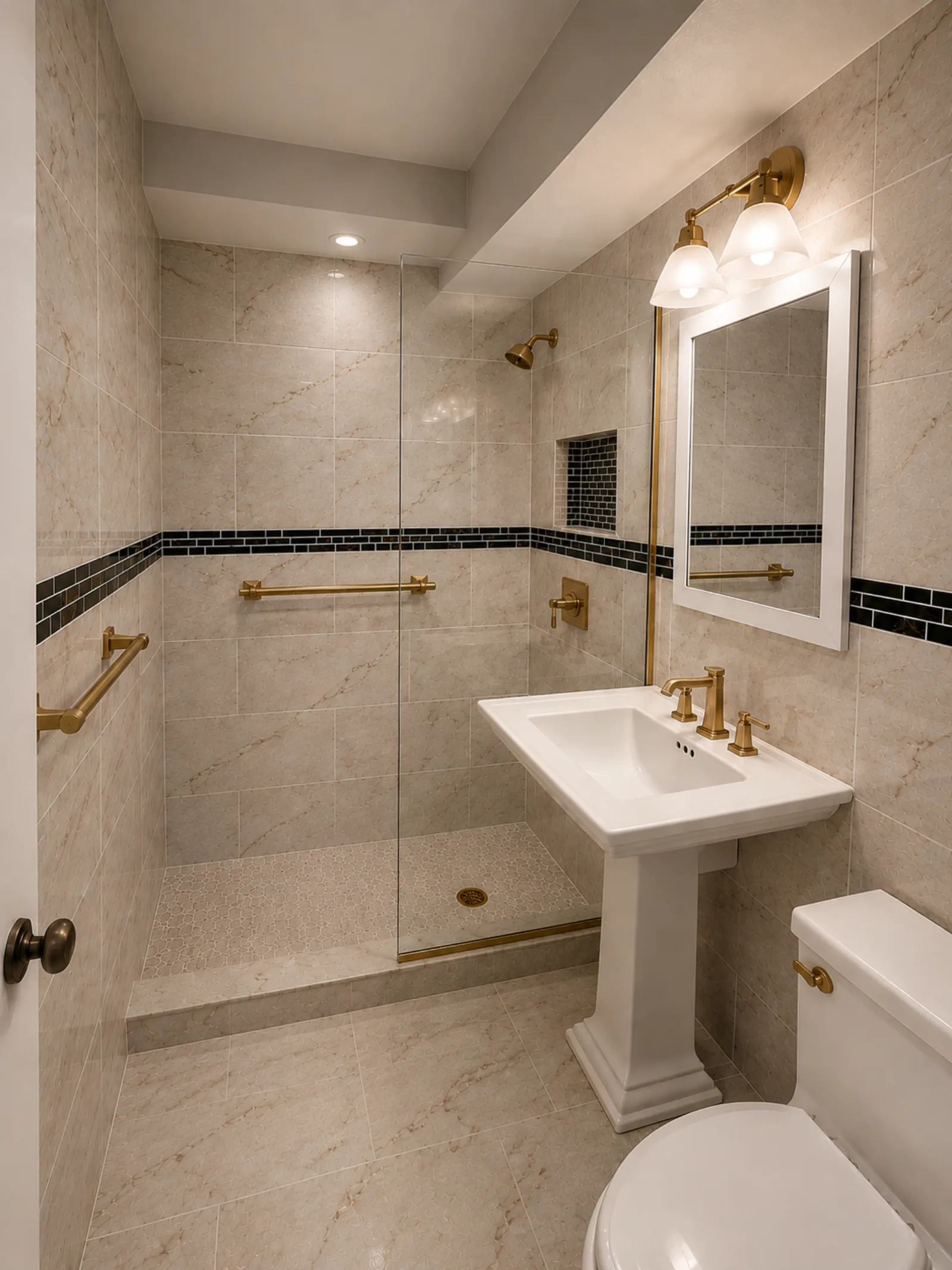 A renovated NYC bathroom in beige stone-look tile with a glass walk-in shower, brass fittings, and a black mosaic accent band