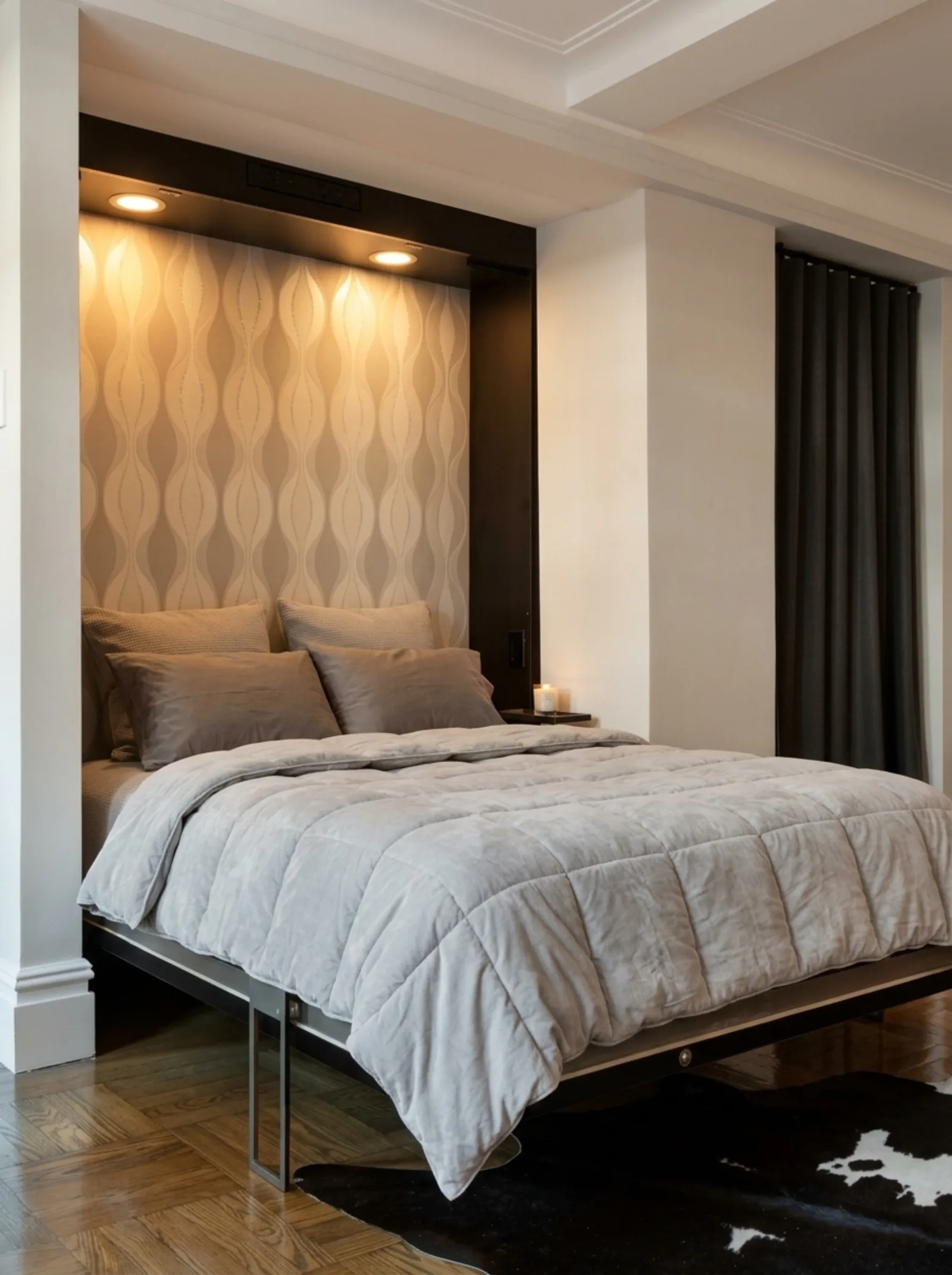 A renovated NYC bedroom alcove with a wallpapered niche, recessed lighting, blackout curtains, and parquet floors