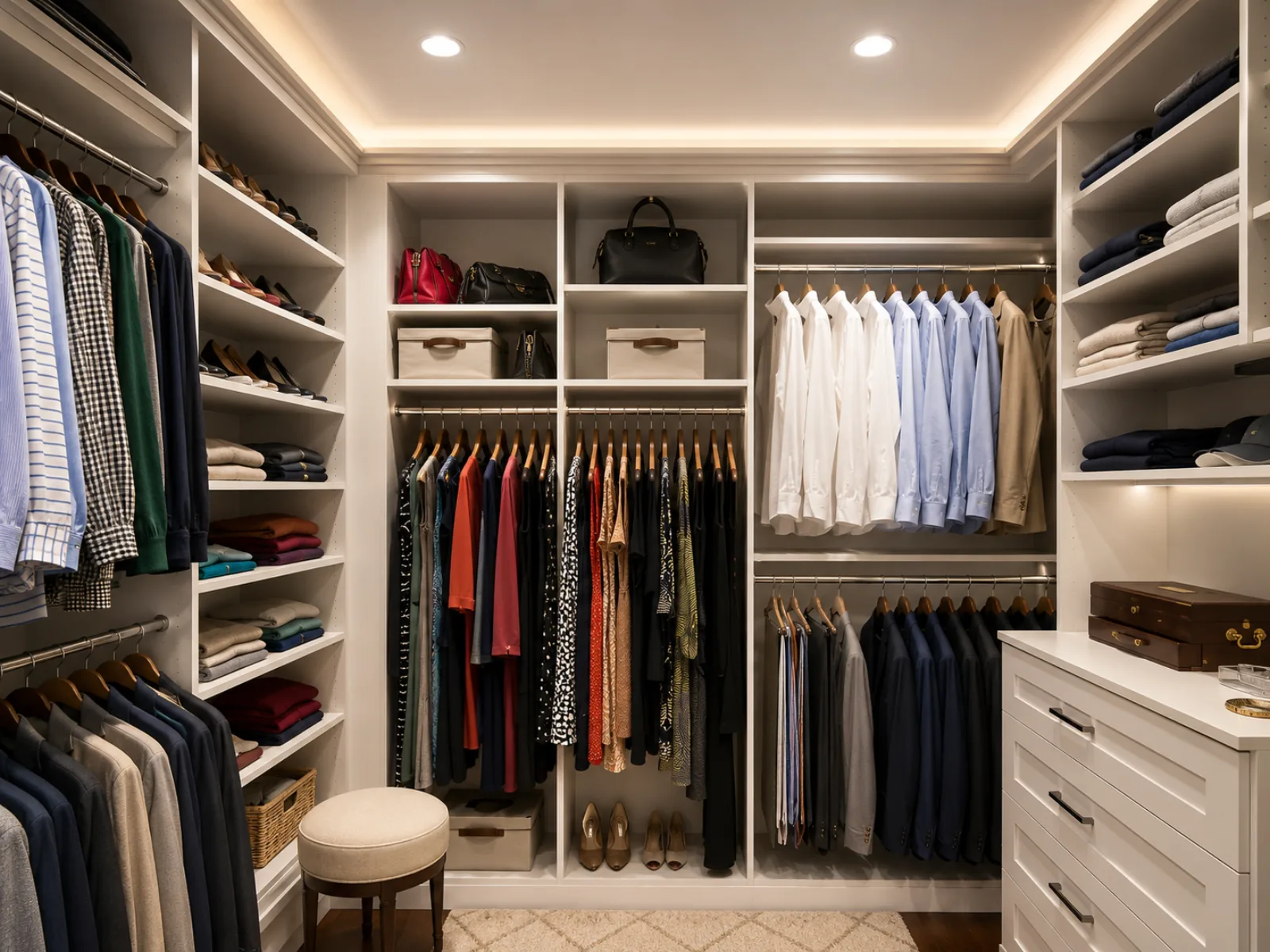 A custom NYC walk-in closet with LED-lit shelving, hanging sections, and built-in drawers
