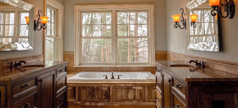 Rustic bathroom with wooden features