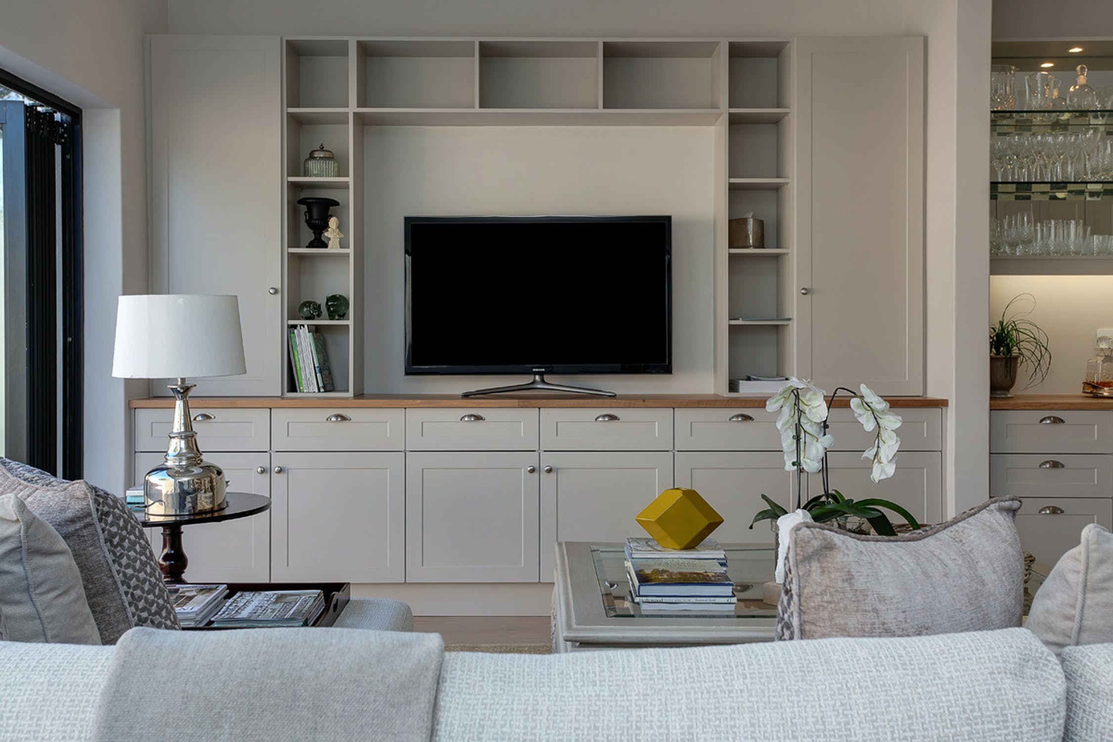 A modern living room with decor.