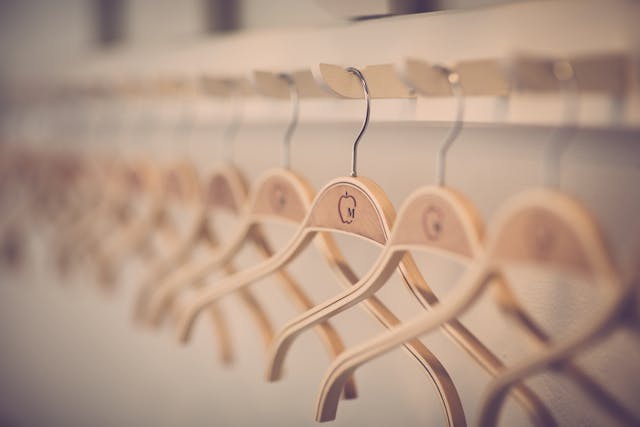 Close-up of wooden hangers